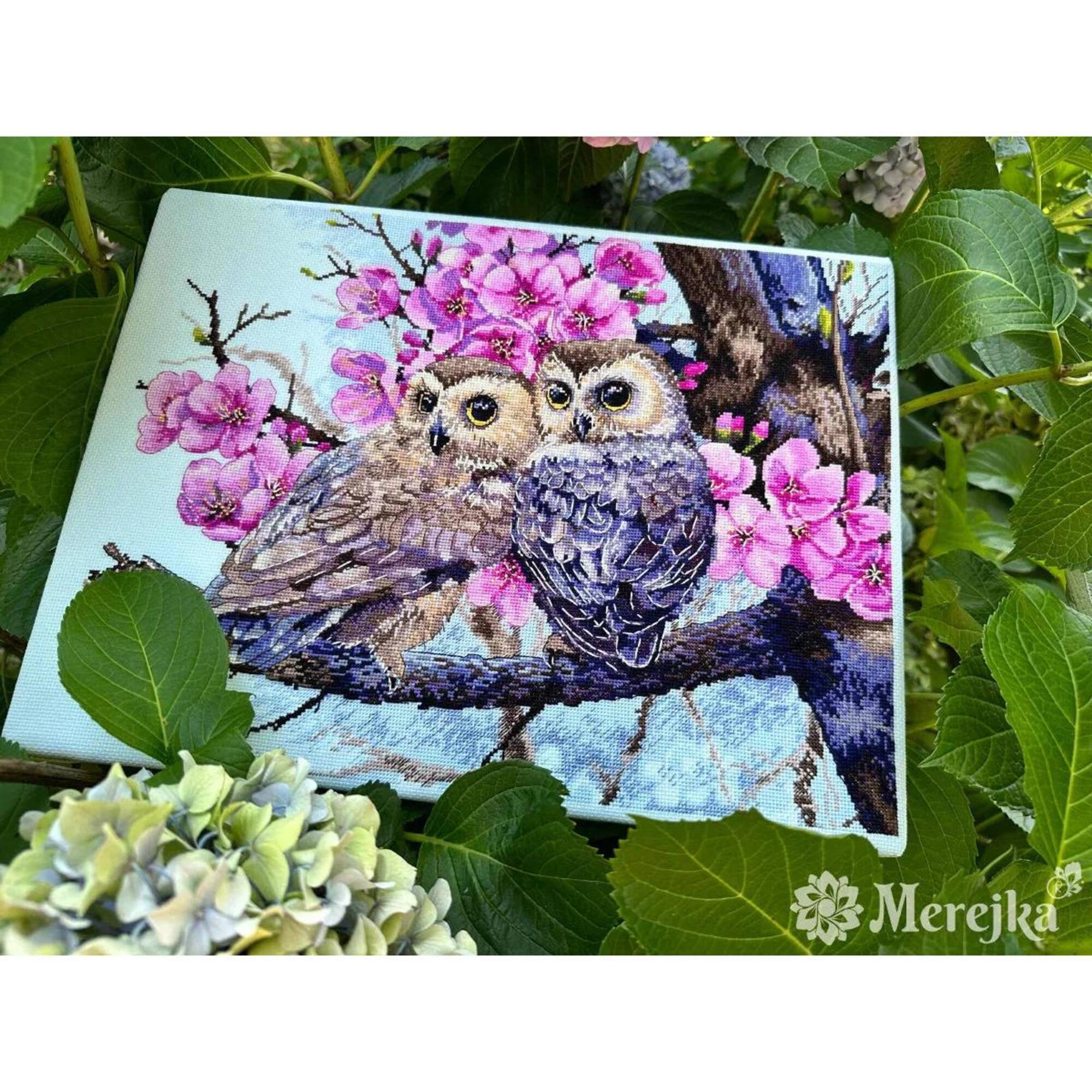 Merejka® Two Owls in Spring Blossom Counted Cross Stitch Kit